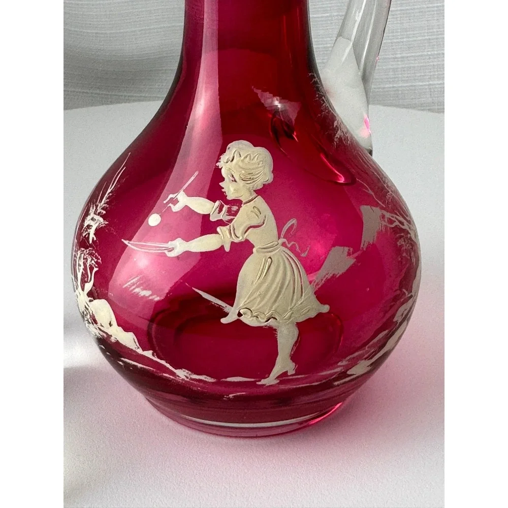 Vintage Mary Gregory Style Cranberry Glass Decanter Pink Enamel Girl 7.5in Good